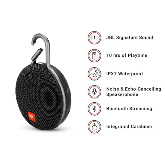 JBL CLIP 3 – Portable Bluetooth Wireless Speaker with Rechargeable Battery – Waterproof IPX7 for Outdoors – Siri and Google Compatible